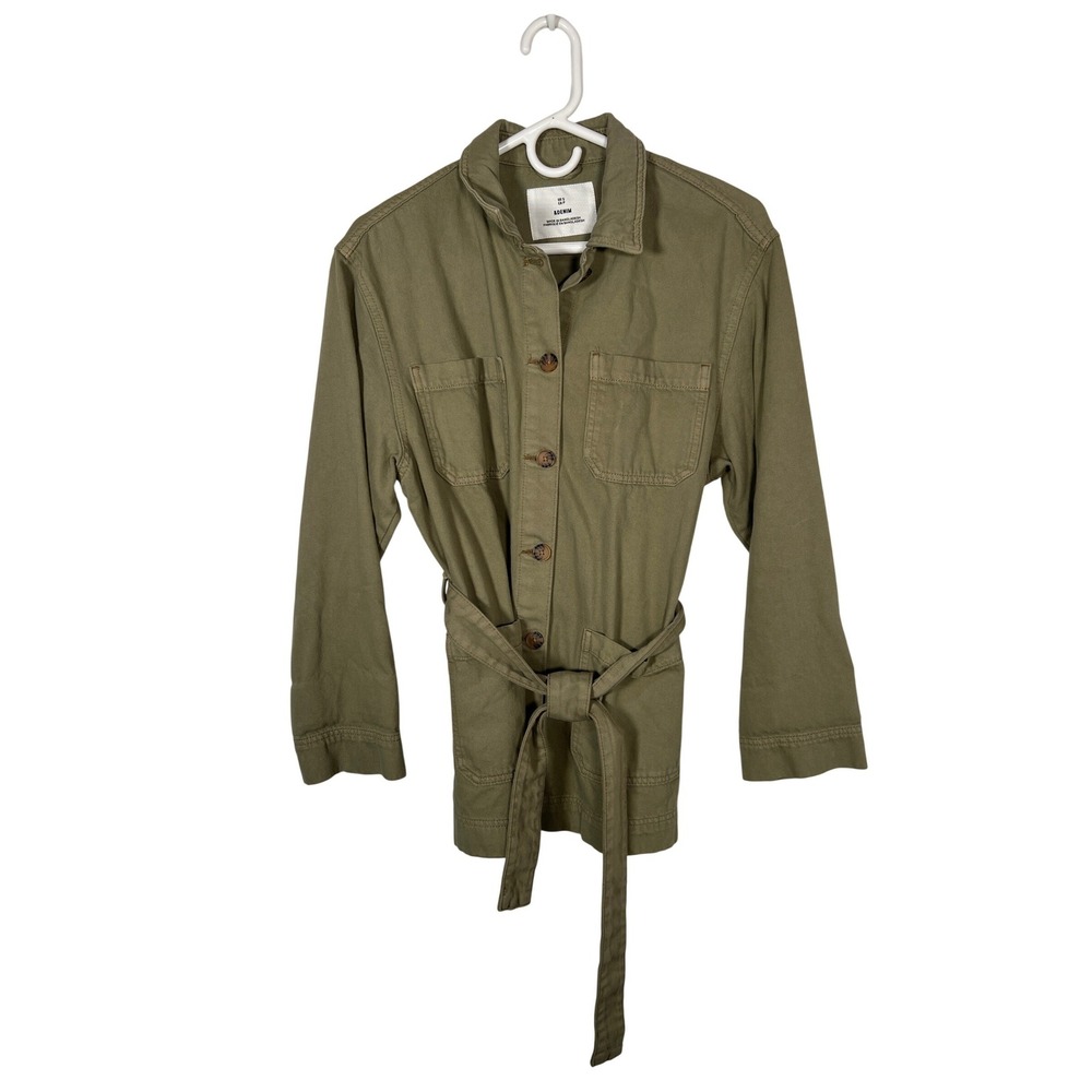 H&M Cotton Green Utility Jacket Minimalist Belted Field Safari Chore Coat Small